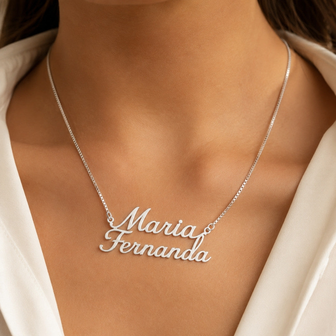 Colar Nome Composto 2 Linhas Personalizado em  Prata