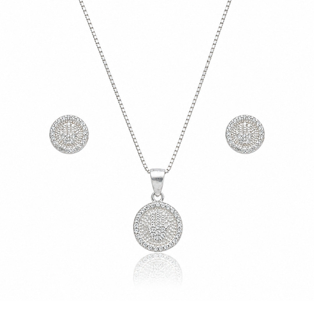 Conjunto Diamantado Hamsa Mão de Fátima de Prata