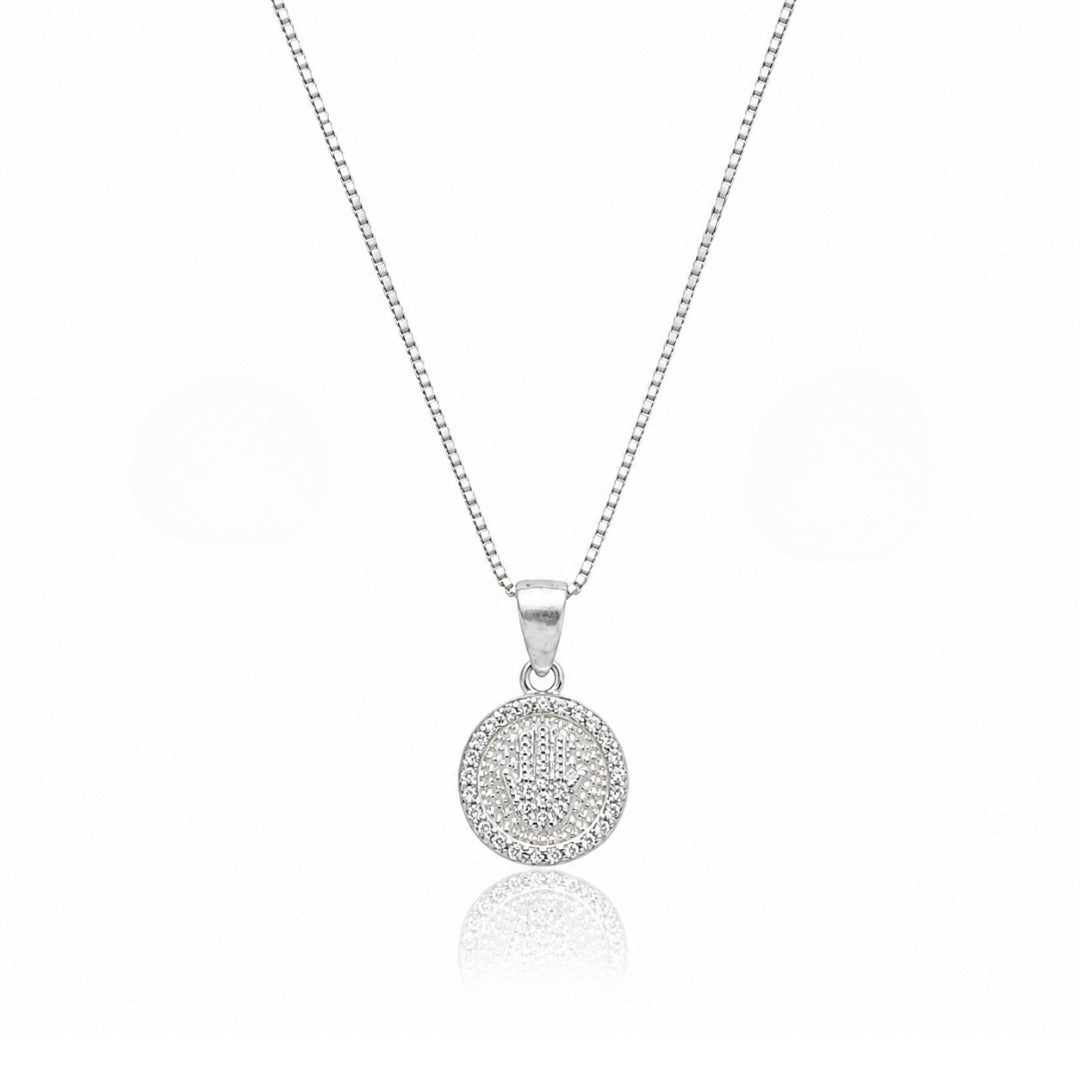 Conjunto Diamantado Hamsa Mão de Fátima de Prata