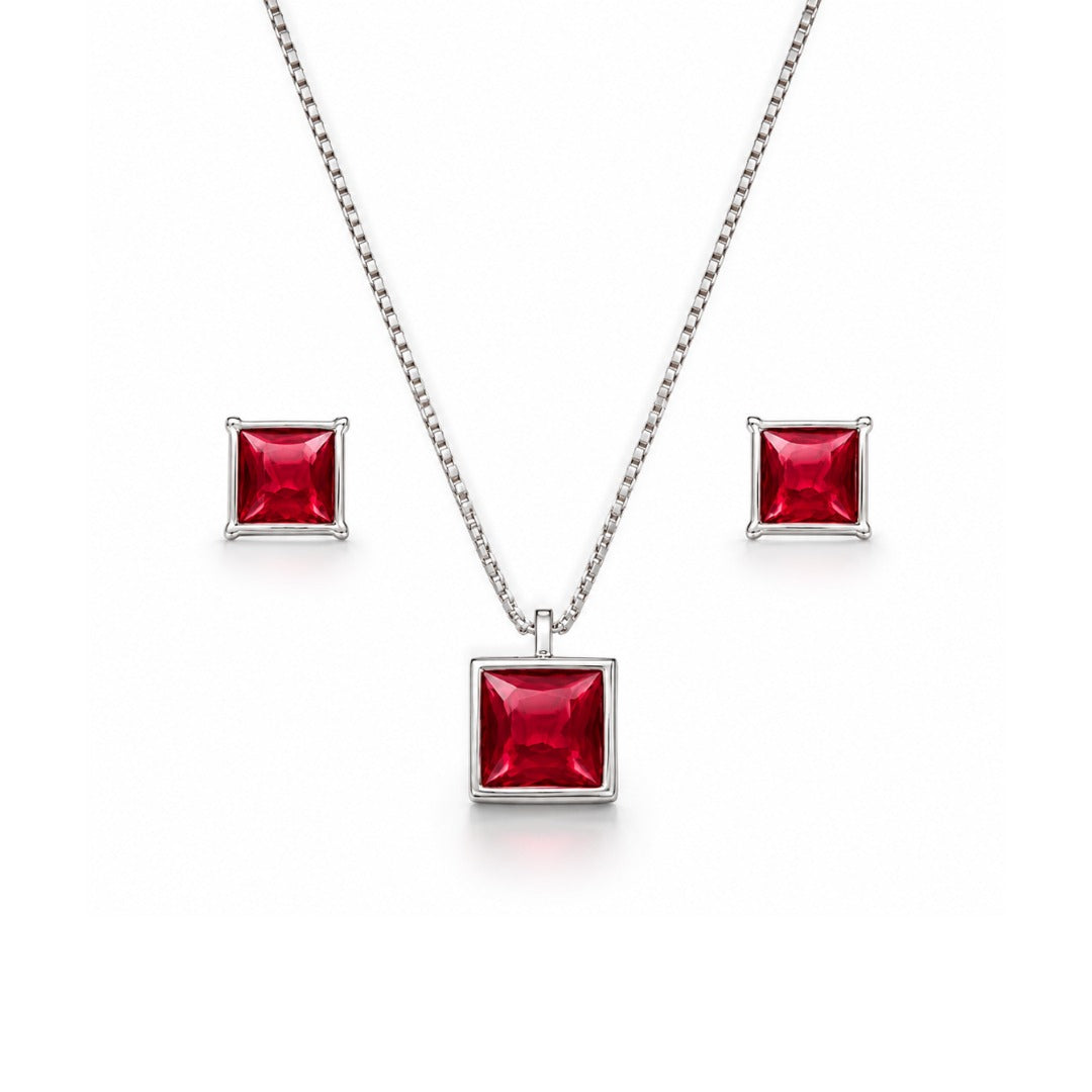 Conjunto Quadrado Cristal Vermelho de Prata
